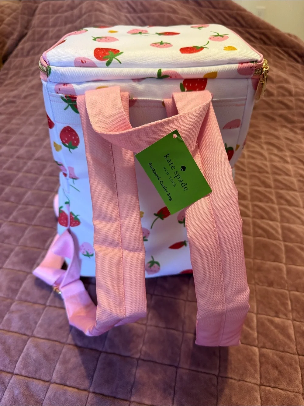 kate spade White & Pink Strawberry Print Cooler Backpack